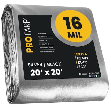 Protarp Heavy Duty Tarp, 20 ft x 20 ft, 16 Mil, Silver/Black, Polyethylene, Waterproof, Rip and Tear Proof PT-101-20X20